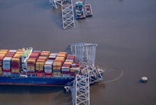 View of the Dali cargo vessel which crashed into the Francis Scott Key Bridge causing it to collapse in Baltimore, Maryland, U.S., April 4, 2024.