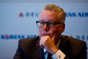 Ed Bastian, CEO of Delta Airlines, answers questions from reporters at the International Air Transport Association’s Annual General Meeting in Boston, Massachusetts, U.S., October 3, 2021.  