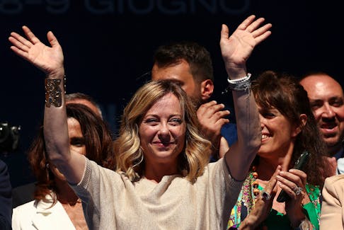 Italian Prime Minister and Fratelli D'Italia (Brothers of Italy) leader Giorgia Meloni gestures at the closing event of the electoral campaign for the European Parliament Elections, at Piazza del Popolo, in Rome, Italy, June 1, 2024.