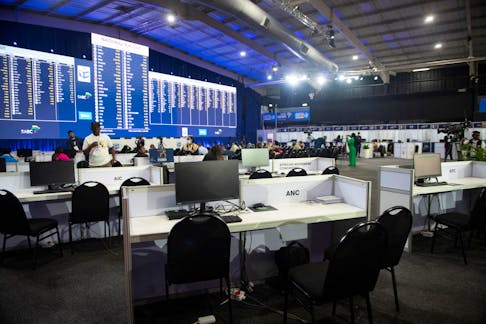 The empty African National Congress booth at the National Results Operation Centre of the Electoral Commission of South Africa (IEC), which serves as an operational hub where results of the national election are displayed, in Midrand, South Africa, June 1, 2024.