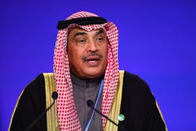 Kuwait's Prime Minister Sheikh Sabah al-Khalid al-Sabah speaks during the UN Climate Change Conference (COP26) in Glasgow, Scotland, Britain, November 2, 2021.