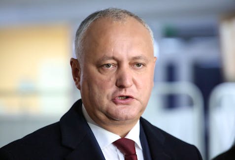 Igor Dodon, Moldova's President and presidential candidate, speaks to the media at a polling station during the second round of a presidential election in Chisinau, Moldova November 15, 2020.