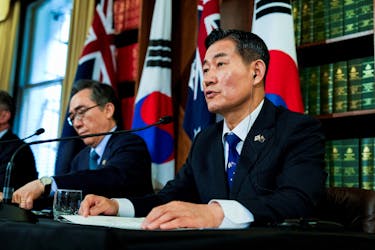 South Korea's National Defense Minister Shin Won-sik speaks during a joint press conference following an Australia and South Korea Foreign and Defence Ministers' Meeting in Melbourne, Australia, May 1, 2024.