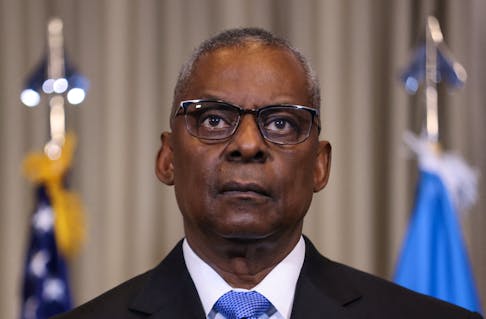 U.S. Secretary of Defense Lloyd Austin looks on during a media statement with U.S. General Charles Q. Brown Junior (not pictured) following a meeting of the Ukraine Defense Contact Group at the American military's Ramstein Air Base, near Ramstein-Miesenbach, Germany, March 19, 2024.