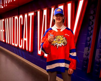 Jackson Batchilder of Stratford, P.E.I., gives a thumbs-up after being drafted by the host Moncton Wildcats in the Quebec Maritimes Major Junior Hockey League (QMJHL) Entry Draft on June 8. Batchilder was the first player taken by the Wildcats. Moncton Wildcats Photo • Special to The Guardian