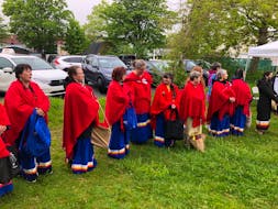 Participants wear traditional clothing at the sunrise ceremony at Cavell Park in St. John's Tuesday, June 21, 2022 to mark the beginning of National Indigenous Peoples Day. (Peter Jackson/The Telegram)