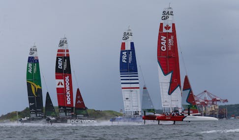 Team Canada leads at the strt of race one at the SailGP event in Halifax Sunday June 2, 2024.

TIM KROCHAK PHOTO
