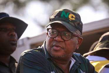 Secretary-General of the African National Congress Fikile Mbalula waits to speak at an election rally in Verulam, South Africa, May 8, 2024.