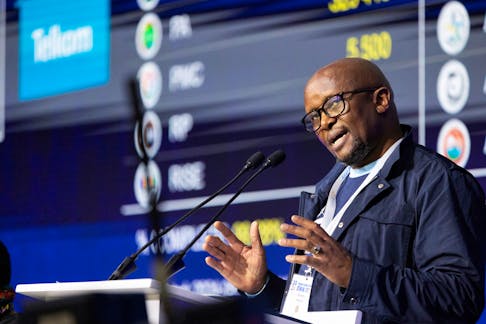 Mosotho Moepya, Chairperson of the Electoral Commission (IEC) gestures during a press briefing at the National Results Operation Centre of the IEC, which serves as an operational hub where results of the national election are displayed, in Midrand, South Africa, June 1, 2024.