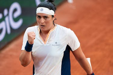 May 31, 2024; Paris, France; Ons Jabeur of Tunisia reacts to a point during her match against Leylah Fernandez of Canada on day six of Roland Garros at Stade Roland Garros. Mandatory Credit: Susan Mullane-USA TODAY Sports