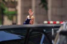 Republican presidential candidate and former U.S. President Donald Trump gestures outside Trump Tower, the day after a guilty verdict in his criminal trial over charges that he falsified business records to conceal money paid to silence porn star Stormy Daniels in 2016, in New York City, U.S., May 31, 2024.