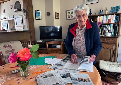 Marie-Therese Legallois, 87 years old, who was 7 at the time of the landing on June 1944, poses at her home during an interview with Reuters ahead of the 80th anniversary of the 1944 D-Day landings, in Saint-Lo, Normandy region, France, June 1, 2024.