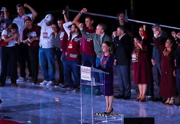 Presidential candidate of the ruling Morena party Claudia Sheinbaum, greets her supporters after winning the general elections, in Mexico City, Mexico June 3, 2024.