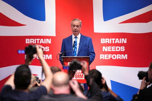 Honorary President of the Reform UK party Nigel Farage speaks during a press conference in London, Britain, June 3, 2024.