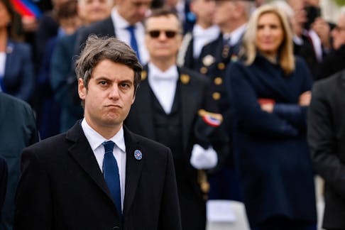 French Prime Minister Gabriel Attal attends the ceremonies to mark the end of World War II at the Arc de Triomphe, in Paris, France, May 8, 2024.