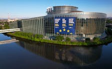 FILE PHOTO:A drone view shows the European Parliament building in Strasbourg, France, May 25, 2024.