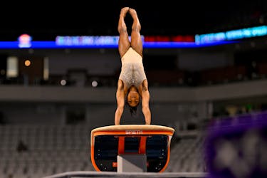 Jun 2, 2024; Fort Worth, Texas, USA; Simone Biles of World Champions Centre warms up on vault before day two of the women’s 2024 Xfinity U.S. Gymnastics Championships at Dickies Arena. Mandatory Credit: Jerome Miron-USA TODAY Sports