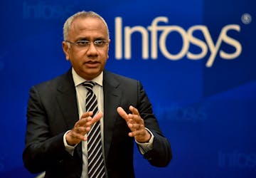 Infosys CEO and Managing Director Salil Parekh speaks during the press conference announcing the company's quarterly results in Bengaluru, India, January 11, 2024.