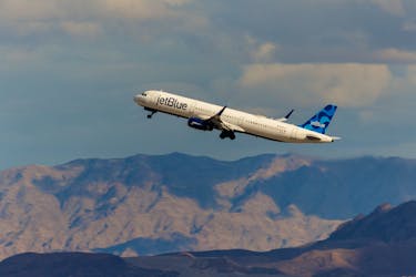 A Jetblue commercial airliner takes off form Las Vegas International Airport in Las Vegas, Nevada, U.S., February 8, 2024. 