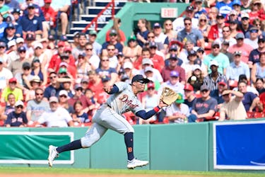 Jun 2, 2024; Boston, Massachusetts, USA;  Detroit Tigers right fielder Wenceel Perez (46) makes a catch for an out against the Boston Red Sox during the seventh inning at Fenway Park. Mandatory Credit: Eric Canha-USA TODAY Sports