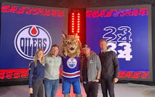 Petty Harbour native Jon Long (second from right) is a part of the Edmonton Oilers event presentation team this postseason and has had a front row seat for the Oilers run to the Stanley Cup Finals. Contributed photo