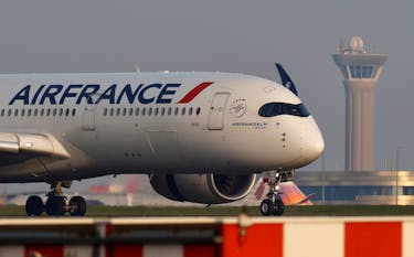 An Air France Airbus A350 airplane lands at the Charles-de-Gaulle airport in Roissy, near Paris, France April 2, 2021.