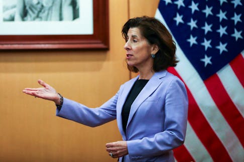.S. Secretary of Commerce Gina Raimondo reacts during a bilateral meeting with Thai Deputy Prime Minister and Foreign Minister Parnpree Bahiddha-nukara, in Bangkok, Thailand, March 14, 2024.