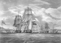 HMS Shannon leading her prize, the American Frigate Chesapeake into Halifax Harbour, on the 6th June 1813, by J.G. Schetly. N.S. Archives