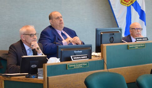 From left, UARB members Steven Murphy, vice-chair Roland Deveau and Bruce Fisher chair a public meeting over CBRM's district boundaries and number of councillors Wednesday at city hall. IAN NATHANSON/CAPE BRETON POST