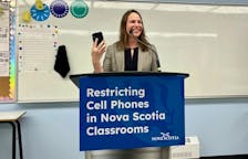 Becky Druhan, minister of Education and Early Childhood Development, announced the new directive around phones in classrooms at Clayton Park Junior High in Halifax on Thursday, June 6, 2024. - Jen Taplin