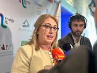 Newfoundland and Labrador Hydro CEO Jennifer Williams speaks to reporters at the Energy NL conference in St. John's on Thursday. Juanita Mercer • The Telegram