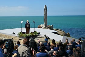 President Joe Biden delivers remarks at Pointe du Hoc during commemorations of the 80th anniversary of D-Day in France, on Friday, June 7, 2024. (Kenny Holston/The New York Times)