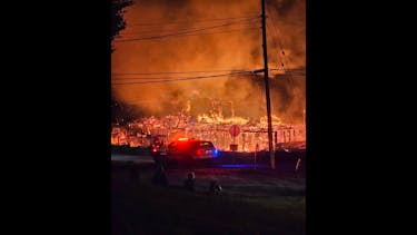 The Bangor Sawmill Museum is shown engulfed in flames early Saturday morning. Photo courtesy of Suzanne Amirault