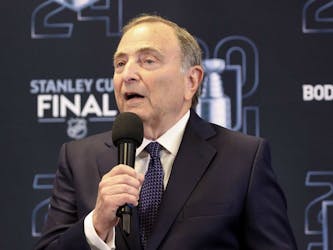 Commissioner of the NHL Gary Bettman speaks to media during a press conference prior to Game One of the 2024 Stanley Cup Final between the Florida Panthers and the Edmonton Oilers at Amerant Bank Arena on June 08, 2024 in Sunrise, Florida.