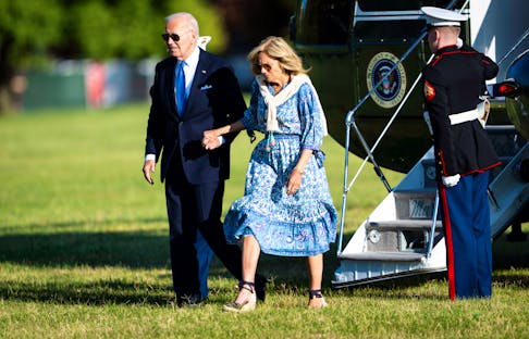 
          President Joe Biden and first lady Jill Biden arrive at Fort Lesley J. McNair in Washington on Monday, July 1, 2024. Biden is cleareyed about his uphill battle to convince voters, donors and the political class that his debate performance was an anomaly, allies said. (Doug Mills/The New York Times)
        