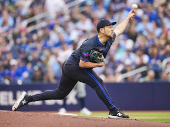 Yusei Kikuchi of the Toronto Blue Jays pitches to the Houston Astros during the first inning in their MLB game at the Rogers Centre on Wednesday, July 3, 2024, in Toronto.
