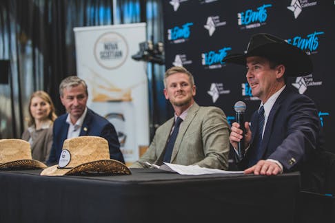 The inaugural debut of the Nova Scotia Stampede was announced during a press conference at the Rath Eastlink Community Centre on Dec. 12. Pictured is 4-H President Mila MacLean (left), Premier Tim Houston, RECC General Manager Matt Moore, and BJ Prince from Rawhide Entertainment. Nick Gaines