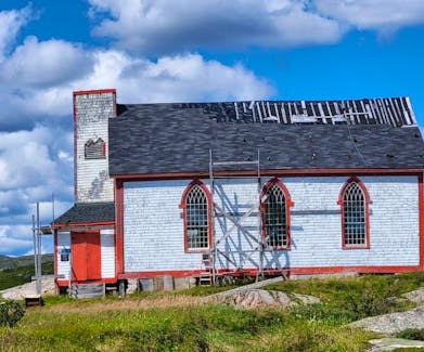 The Bethany United Church in Petites, NL, taken in October 2023. Work on the roof is underway. - Julia and John Breckenridge