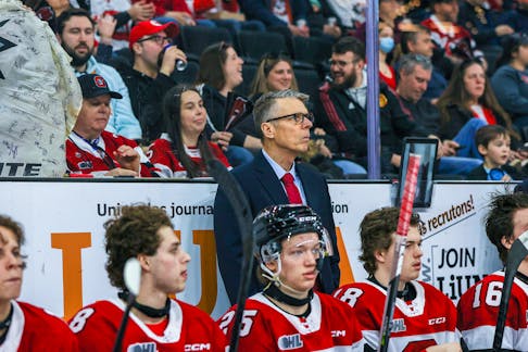 GATINEAU, CANADA - APRIL 2:  Dave Cameronof the Ottawa 67’s during a game against the Oshawa Generals at the Centre Slush Puppie on April 2, 2023 in Ottawa, Ontario, Canada.  (Photo by Valerie/OSEG)  Dave Cameron, head coach of the Ottawa 67’s, watches the play against the Oshawa Generals in an Ontario Hockey League (OHL) game. Cameron has been named head coach of Team Canada for the 2025 International Ice Hockey Federation (IIHF) world junior championship in Ottawa from Dec. 26 to July 5. Ottawa 67’s/Special to SaltWire