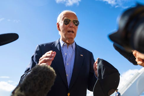 
          President Joe Biden speaks to reporters before boarding Air Force One in Madison, Wis., on Friday, July 5, 2024. Winning the battleground state is crucial to President Biden's hopes of four more years in the White House, making it an appropriate stop for the high-stakes moment. (Tom Brenner/The New York Times)
        