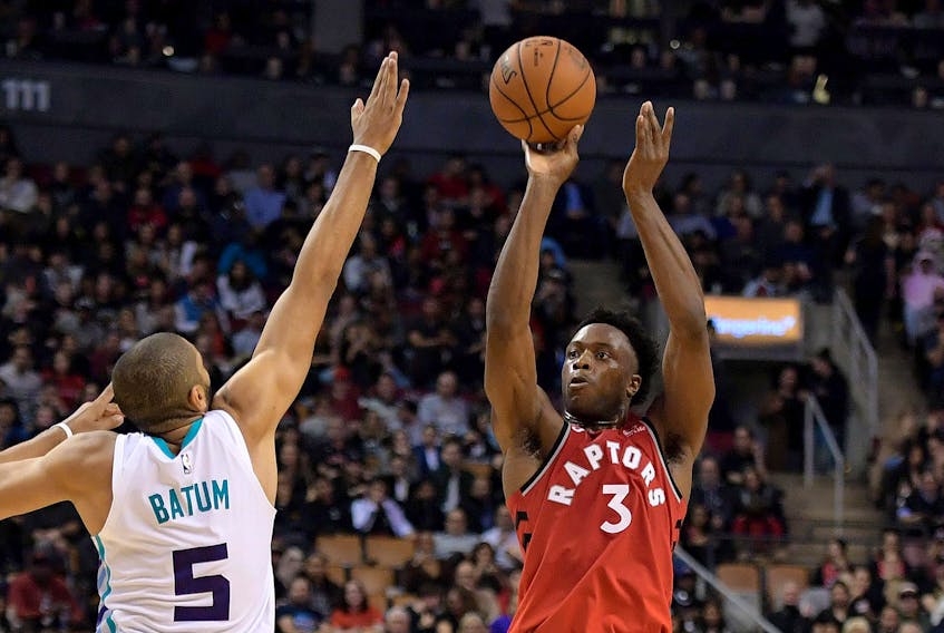Toronto Raptors forward OG Anunoby takes a shot against the Charlotte Hornets on Monday. (USA TODAY SPORTS)