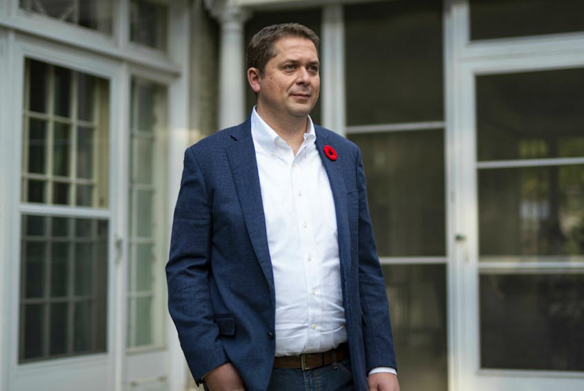 Conservative Leader Andrew Scheer is seen at Stornoway, the official residence of the Canada's leader of the Official Opposition, in Ottawa, on Thursday, Oct. 24, 2019. 