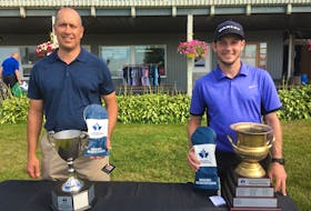 Trevor Chow (left) was the winner of the NSGA Mid-Amateur Master Men’s golf championship and Stuart Lenihan the winner of the Mid-Amateur championship at the Amherst Golf Club on Sunday.