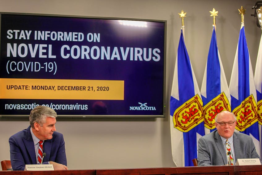 Premier Stephen McNeil and Dr. Robert Strang, Nova Scotia's chief medical officer of health, at the live COVID-19 briefing on Monday, Dec. 21. Strang said the province is expecting more Pfizer-BioNtech vaccine doses this week.