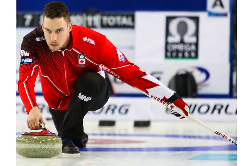 Brett Gallant delivers a shot during Friday's practice at the world mixed doubles curling championship in Norway. Jason Bennett/World Curling Federation