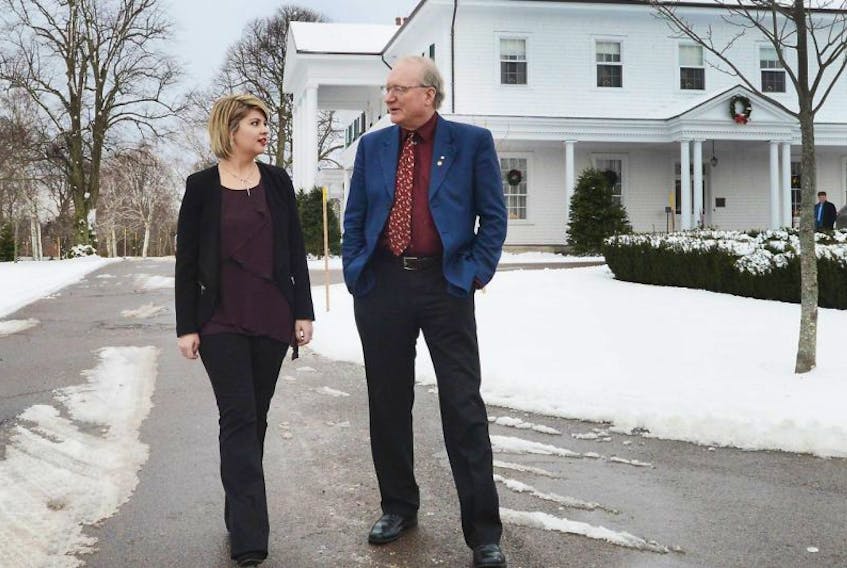 <span>Premier Wade MacLauchlan, right, talks to The Guardian’s Teresa Wright during the newspaper’s year-end interview with the P.E.I. premier taped last week at Fanningbank, the lieutenant-governor’s official residence.</span>