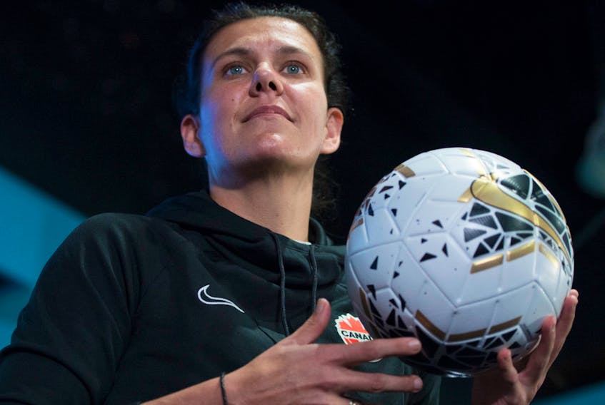 Canadian soccer player Christine Sinclair smiles during a media availability in Vancouver, B.C. on Tuesday, February 11, 2020.