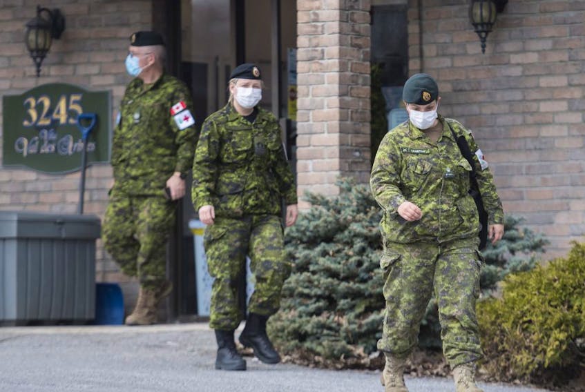 Members of the Canadian Armed Forces are shown at Residence Villa Val des Arbres a long-term care home in Laval, Que., Sunday, April 19, 2020. 