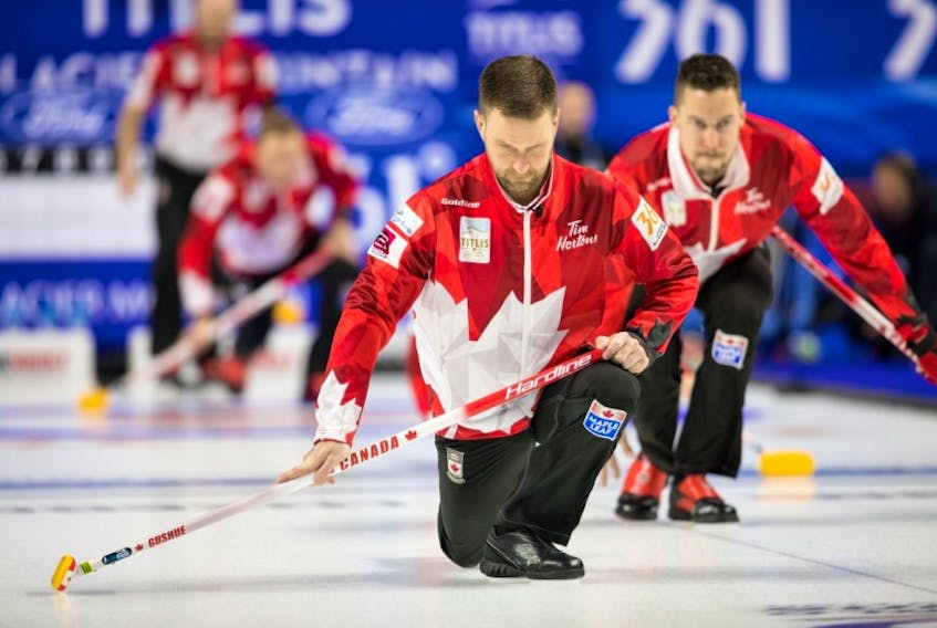 Brad Gushue and his St. John's rink won't be taking a straight line to the semifinals at the world men's curling championship in Las Vegas. Instead, the defending champion Canadians will have to defeat the Americans in a first-round playoff game today. — World Curling Federation/Steve Seixeiro
