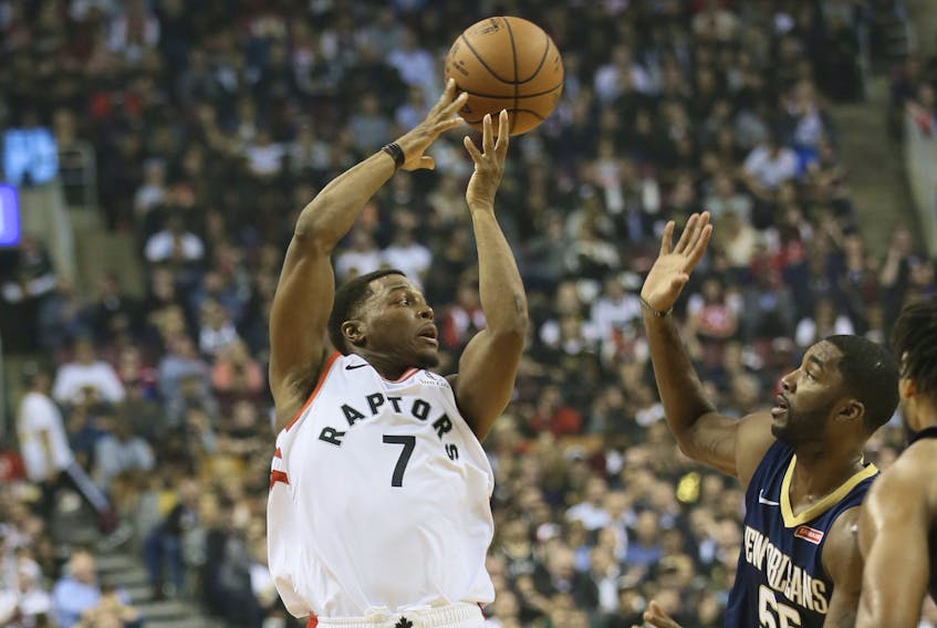 Toronto Raptors guard Kyle Lowry played a game-high 45 minutes on Tuesday against New Orleans. (VERONICA HENRI/Toronto Sun)